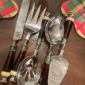 Lenox Silver and Brown Serving Utensils with Green Accents